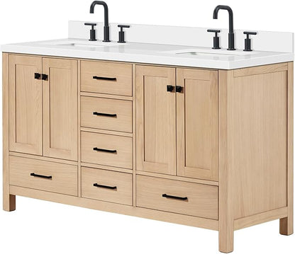 ARIEL Cambridge 60-inch Bathroom Vanity with Sink,Solid Wood, 1.5-inch Pure White Quartz Countertop, Double Rectangular Porcelain Sink, 4 Soft Closing Doors, 6 Dovetail Drawers, White Oak