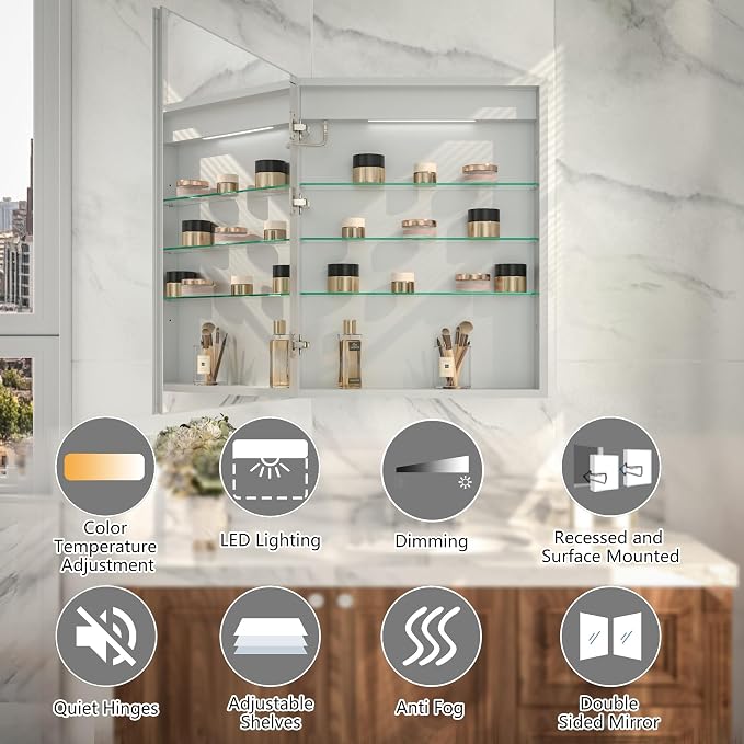 LED Bathroom Medicine Cabinet with Mirror, 24"x30" Anti-Fog Smart Mirror Cabinet, UPVC Waterproof Vanity Cabinet Recessed/Surface, Adjustable Shelves, 3-Color Dimmable, Motion Sensor, DTC Left Hinges