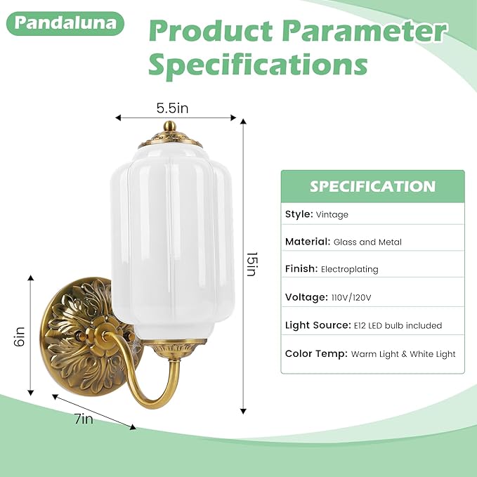Milk Glass Sconce Vintage Vanity Sconces Brass, Bulb Included | Milk Glass Art Deco Antique Wall Sconce Wall Light for Bedroom Bathroom Living Room Entryway, Antique Gold and White 1 Pack