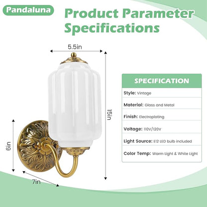 Milk Glass Sconce Vintage Vanity Sconces Brass, Bulb Included | Milk Glass Art Deco Antique Wall Sconce Wall Light for Bedroom Bathroom Living Room Entryway, Antique Gold and White 1 Pack