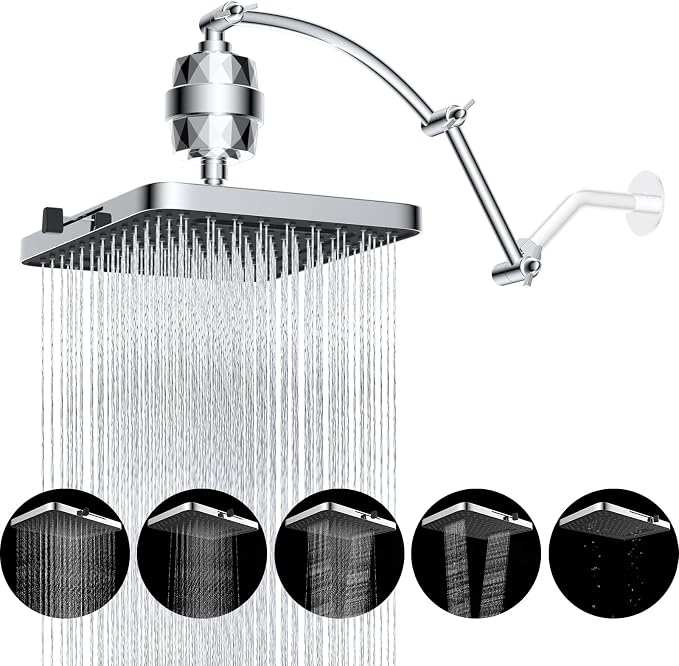 Hibbent Rain Filtered Shower Head, 13'' High Pressure Rainfall 5 Modes Showerhead with 16" Shower Head Extension Arm, Solid Brass Adjustable Shower Arm Extender, 20 Stage Shower Filter, Chrome