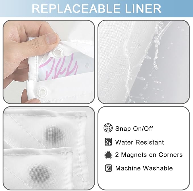 No Hook Shower Curtain and Liner Set, Blue Pink Beach Coastal 71x74 | Nautical Ocean for Bathroom, with Snap in Liner Replacement, Mesh Top Window, Waterproof, Machine Washable, Quick-Drying