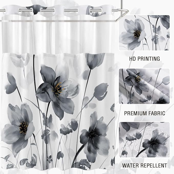No Hook Shower Curtain and Liner Set, Black Boho Floral 71x84 | Watercolor Boho Flower, with Snap in Liner, Waterproof, Machine Washable, Quick-Drying, for Hotel Bathroom
