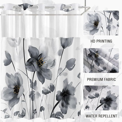 No Hook Shower Curtain and Liner Set, Black Boho Floral 71x74 | Watercolor Boho Flower, with Snap in Liner, Waterproof, Machine Washable, Quick-Drying, for Hotel Bathroom