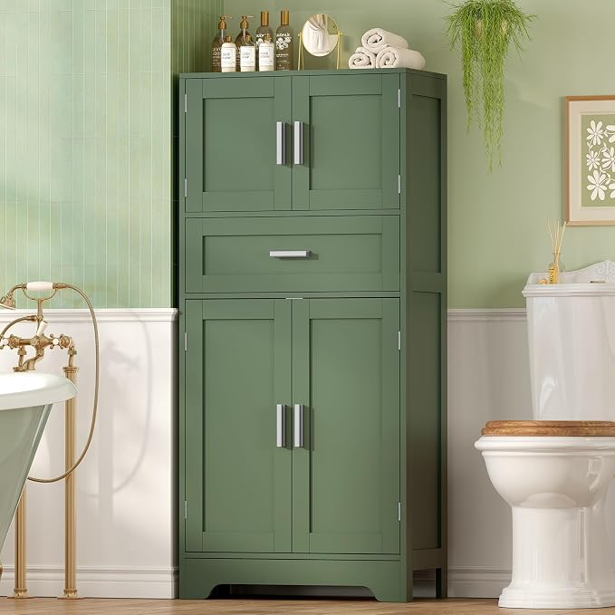 TEENFON Bathroom Floor Storage Cabinet with Adjustable Shelf, Freestanding Storage Cabinet with 4 Doors, Cupboard for Living Room, Home Office, Entryway, Forest Green