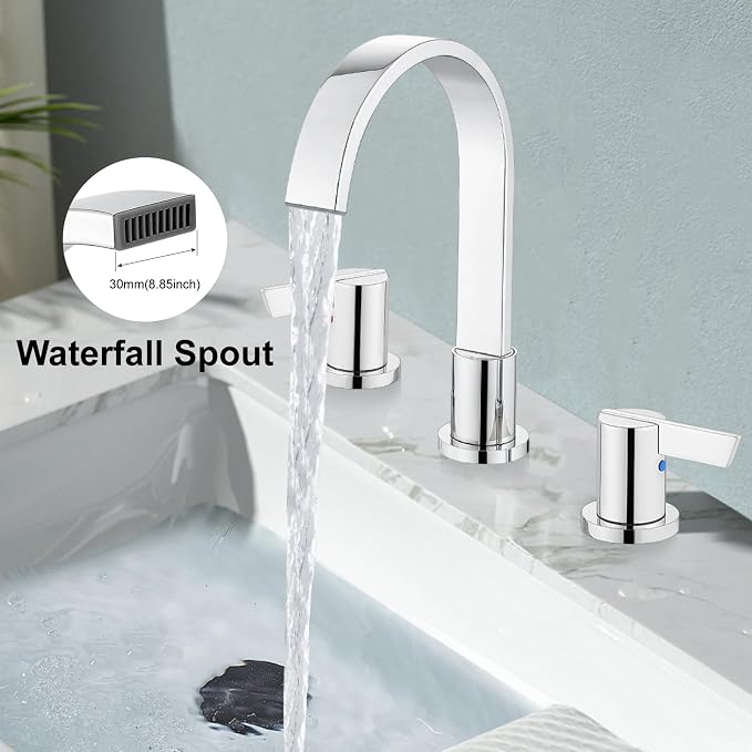Midanya 8 Inch Widespread Bathroom Sink Faucet 3 Hole,Polish Chrome | Waterfall Swivel Spout,2 Handle,SUS304,with Pop Up Drain,cUPC 24" Water Hose,for 6-16” hole distance vanity,RV,Farmhouse Sink