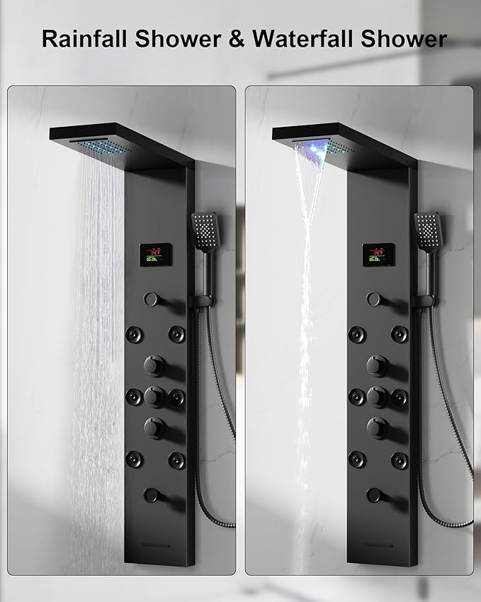 Homevacious 5 In 1 Shower Panel Tower System LED Rain Waterfall Shower Head and Adjustable Massage Body Jets 3 Settings Handheld Head and Tub Spout Stainless Steel Bathroom Panel Matte Black