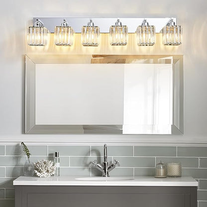 Modern Bathroom Vanity Light 6-Lights Modern Chrome Crystal Bathroom Wall Light Large Vanity Light Fixtures Over Mirror