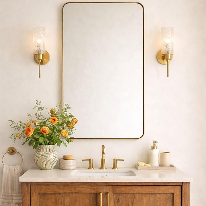 GRACTO 24x30'' Brushed Gold Metal Framed Bathroom Mirror for Wall in Stainless Steel Rounded Rectangular Bathroom Vanity Mirrors Wall Mounted