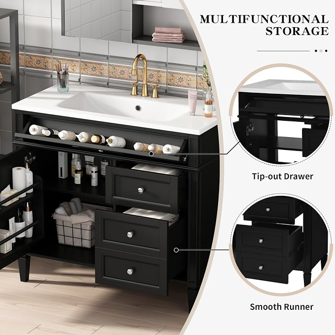 Merax 36'' Bathroom Vanity Without Top Sink, Solid Rubberwood Frame Cabinet | Modern Bathroom Vanity Storage Cabinet with 2 Drawers, Tip-out Drawer, Adjustable Shelf, Soft Closing Doors, Black