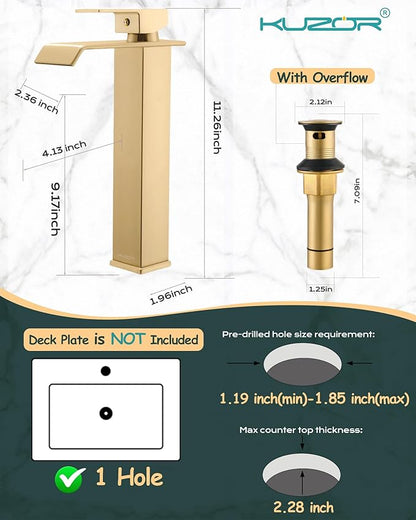 Brushed Gold Tall Waterfall Vessel Sink Faucet – Single Hole 304 Stainless Steel Bathroom Faucet with Metal Pop-Up Drain, High Arc Spout for Modern Vanities