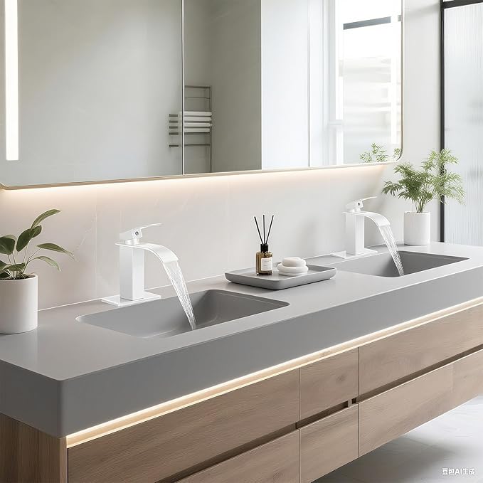 White Bathroom Faucets, Waterfall Bathroom Sink Faucet Modern Single Handle Bathroom Faucte 1 or 3 Hole, RV Mixer Tap Vanity Faucet - Includes Pop-up Drain Supply Hoses Deck Plate