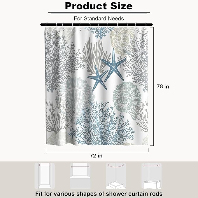 Cute Modern Ocean Shower Curtain Luxury Coastal Seashell Nautical Summer | Nature Shower Curtains for Bathroom, Waterproof Bath Curtain with Hooks Machine Washable Bathtub Curtains 72x78 Inch Blue