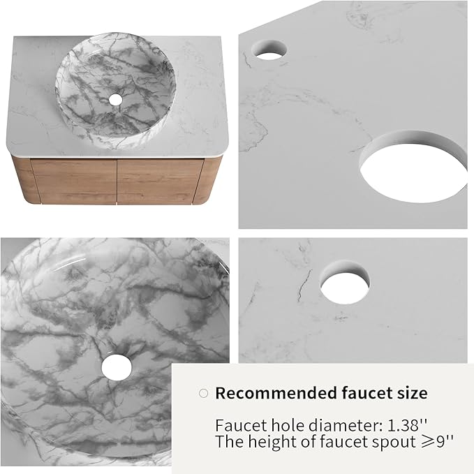 LKTART 30 Inch Floating Bathroom Vanity with Sink, Modern Wall Mounted Bathroom with Soft Close Door, Stone Round Ceramic Basin and Sintered Stone Top