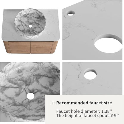 LKTART 30 Inch Floating Bathroom Vanity with Sink, Modern Wall Mounted Bathroom with Soft Close Door, Stone Round Ceramic Basin and Sintered Stone Top