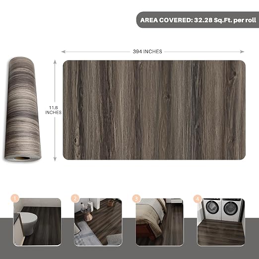 Wood Grain Peel and Stick Floor Tiles, 11.8" W × 394" L, Dark Color | Cover 32.29 Sq.ft, Soft wood‑look finish, Long rolls reduce seams, Works on many surfaces, Helps protect floors, Waterproof
