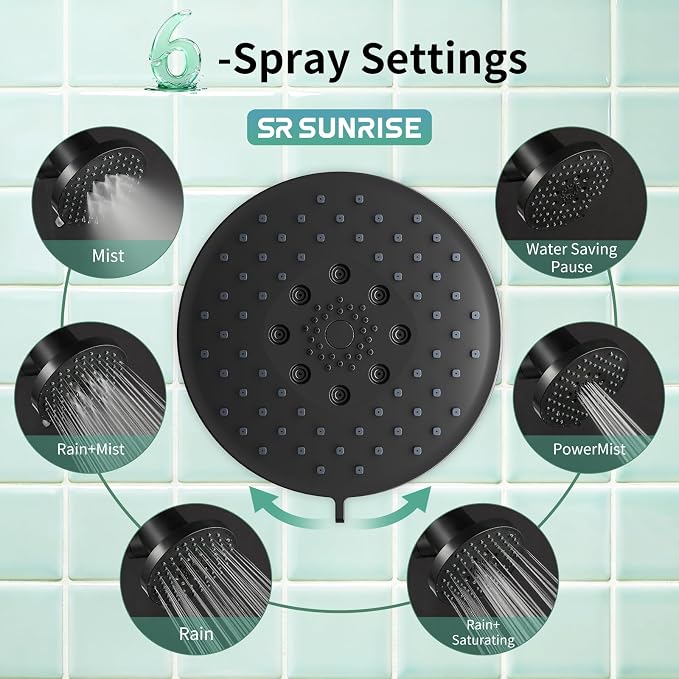 SR SUN RISE Filtered Shower Head with Filters,High Pressure Rain Shower Head,20-Stage Shower Filter,1.8/2.5 GPM Flow Rate,6 Spray Modes for Hard Water Softener,Remove Chlorine (Black,5.5 Inch)