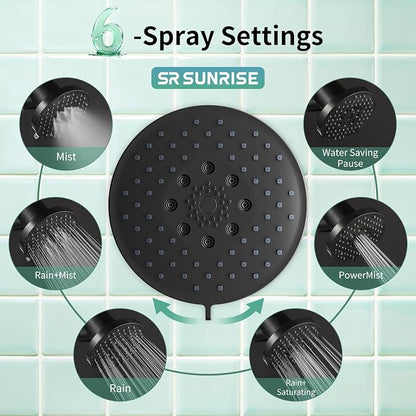 SR SUN RISE Filtered Shower Head with Filters,High Pressure Rain Shower Head,20-Stage Shower Filter,1.8/2.5 GPM Flow Rate,6 Spray Modes for Hard Water Softener,Remove Chlorine (Black,5.5 Inch)