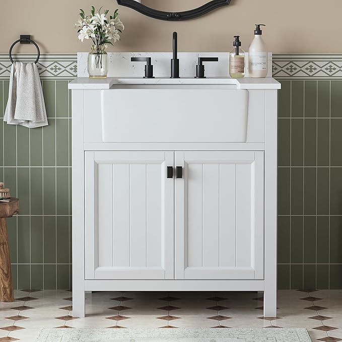 30 Inch Bathroom Vanity with Sink, Farmhouse Single Sink Bathroom Vanity with Adjustable Feet, Bathroom Storage Cabinet with Soft Closing Doors, Apron Farm Sink, White