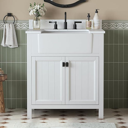 30 Inch Bathroom Vanity with Sink, Farmhouse Single Sink Bathroom Vanity with Adjustable Feet, Bathroom Storage Cabinet with Soft Closing Doors, Apron Farm Sink, White