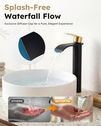 Vessel Sink Faucet Black and Gold：WOWOW Single Handle Tall Bathroom Faucet - Waterfall Single Hole Mixer Bar Tap with Large Rectangular Spout, Deck Mount Lavatory Vanity with Pop Up Drain