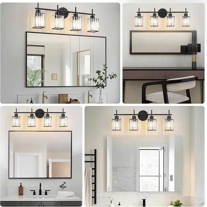 Black Bathroom Light Fixtures, Square, 4-Light | Vanity Lights with Crystal Shades, Modern Bathroom Lighting Fixtures over Mirror (Bulbs Not Included, E26)