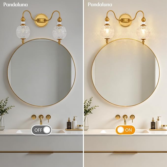 Vintage 2-Light Bathroom Vanity Light Over Mirror, Matte Brass | 17in Wide Farmhouse Bathroom Decor, Ribbed Glass Shades, G9 base, Wall Mounted, Mid Century Wall Sconces Vanity Lighting