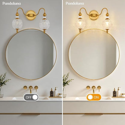 Vintage 2-Light Bathroom Vanity Light Over Mirror, Matte Brass | 17in Wide Farmhouse Bathroom Decor, Ribbed Glass Shades, G9 base, Wall Mounted, Mid Century Wall Sconces Vanity Lighting