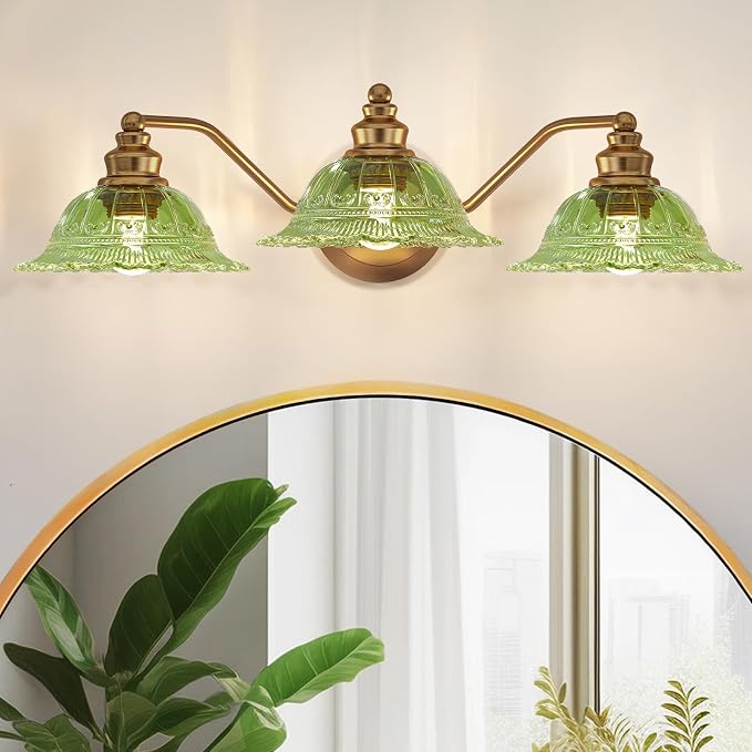 Redluck Vintage Bathroom Vanity Light Fixture, 3-Light Bathroom Lighting Fixtures Over Mirror, Antique Brass Finish with Green Crystal Glass Shade, Wall Sconces Lighting for Bedroom, Living Room