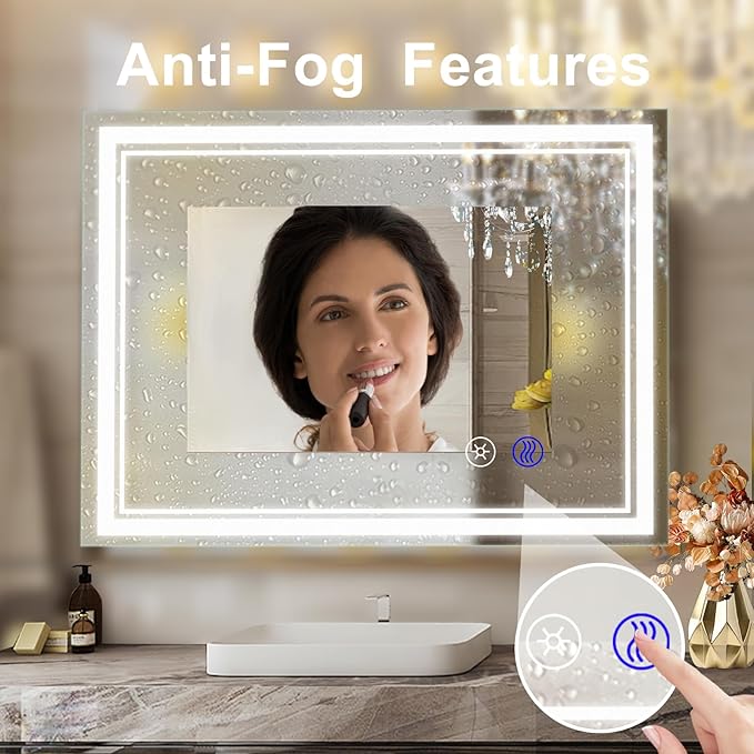 SaniteModar Bathroom Mirror with Lights 40x32 in, Led Mirror for Bathroom, Led Bathroom Mirror, 3 Color Dimmable, Anti Fog, Touch Button, CRI90+, Horizontal/Vertical