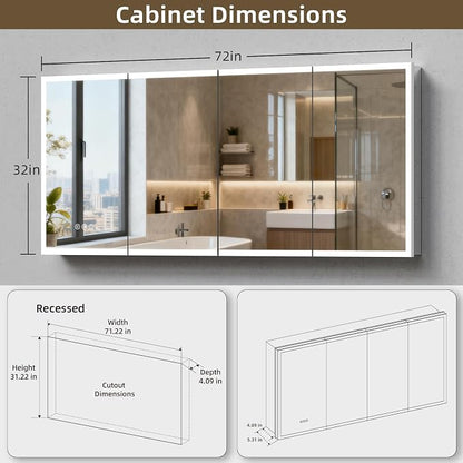 Medicine Cabinet with Lights, Bathroom LED Mirror Cabinet with Storage, Anti-Fog & 3 Color Lights, Recessed or Wall Mounted (72X32 in)