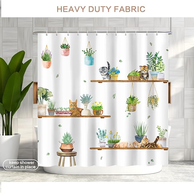 Hanging Potted Plants Cat Shower Curtain, Bracket Plant Kitty Shower Curtain for Bathroom with 12 Hooks, Polyester Fabric Waterproof Shower Curtain Sets Machine Washable Bath Curtain