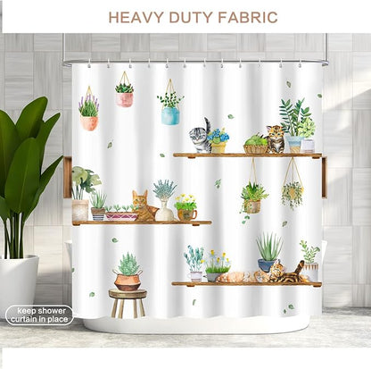 Hanging Potted Plants Cat Shower Curtain, Bracket Plant Kitty Shower Curtain for Bathroom with 12 Hooks, Polyester Fabric Waterproof Shower Curtain Sets Machine Washable Bath Curtain
