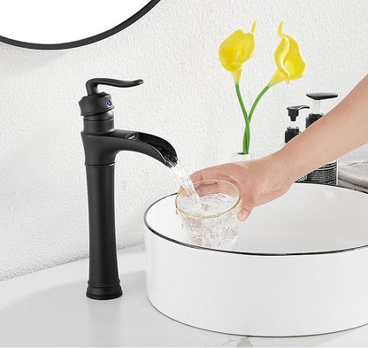 Matte Black Bathroom Faucet GGStudy Single Handle One Hole Farmhouse Waterfall Bathroom Vessel Sink Faucet Black Matching with Pop Up Drain