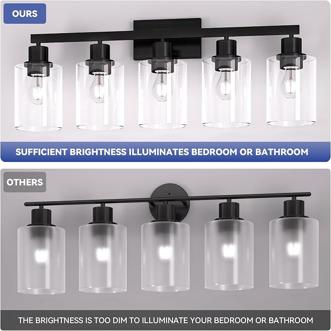 Hasipu 5-Light Black Bathroom Vanity Light Fixtures Over Mirror | HD Clear Glass Shade, Sturdy Rust-Resistant Metal Frame, E26 Socket, Dust-Proof, Easy to Clean, for Bathroom Kitchen Hallway