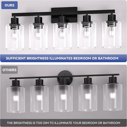 Hasipu 5-Light Black Bathroom Vanity Light Fixtures Over Mirror | HD Clear Glass Shade, Sturdy Rust-Resistant Metal Frame, E26 Socket, Dust-Proof, Easy to Clean, for Bathroom Kitchen Hallway
