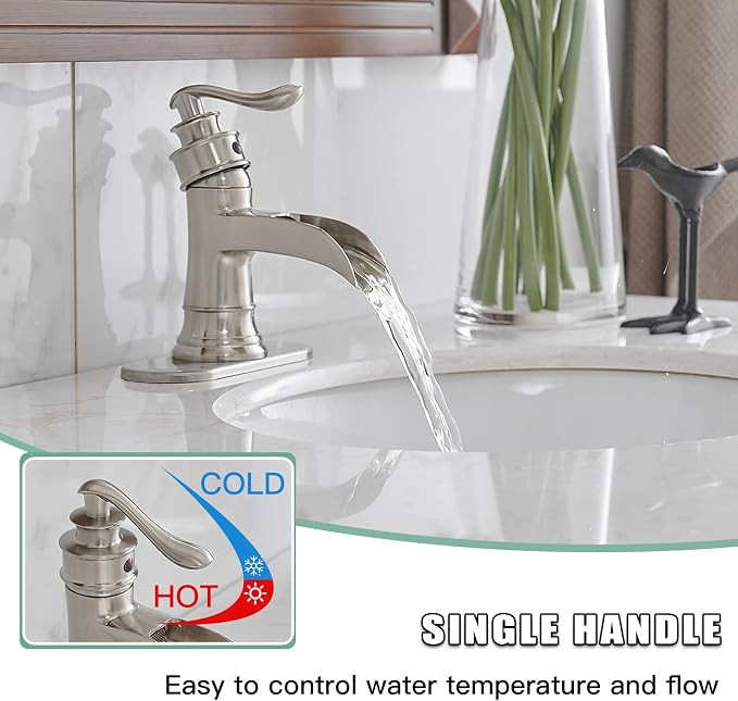 BWE Brass Brushed Nickel Waterfall Sink Faucet, Classic & Modern (No Drain) | Wide Waterfall Spout, Ceramic Cartridge, Fits 1 or 3-Hole Sink, Single Handle, Easy Install, Corrosion Resistance