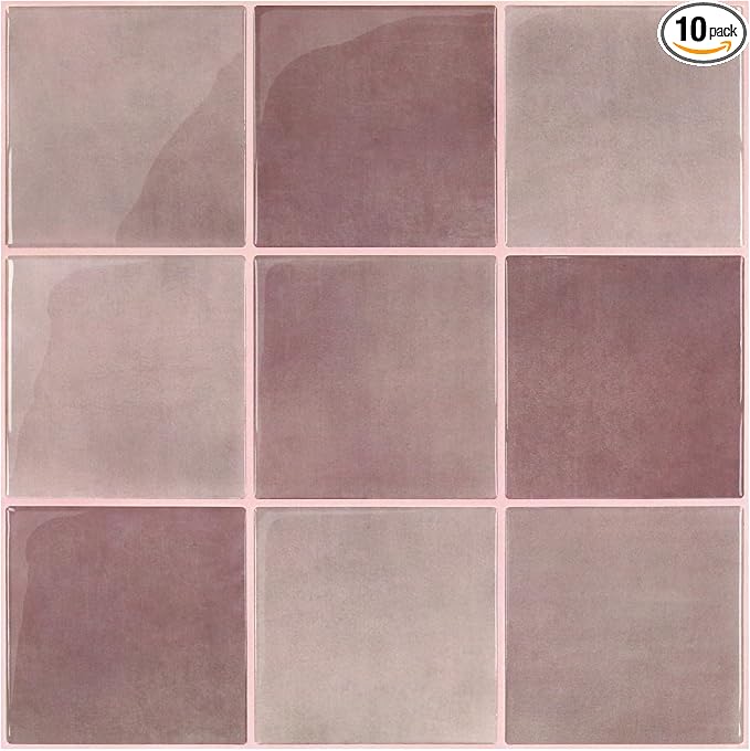 Commomy Thicker Pink Peel and Stick Tiles 10 pcs of 12" x 12" | 3D Adhesive Square Peel and Stick Tiles Backsplash for Kitchen, Bathroom,Waterproof, Vinyl Wall Tile(Cover 10 Sq.ft)
