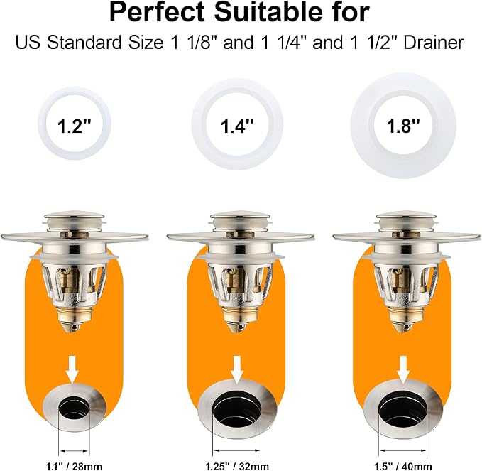 Bathroom Sink Drain Stopper for 1.1 to 1.5 inch Standard Drain Holes, Pop-up Sink Stoppers, Bullet Core Push Type Basin Drain Filter, Anti Clogging Stainless Steel Sink Strainer With Basket, Brushed