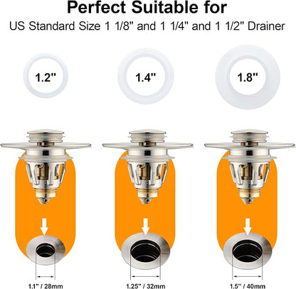 Bathroom Sink Drain Stopper for 1.1 to 1.5 inch Standard Drain Holes, Pop-up Sink Stoppers, Bullet Core Push Type Basin Drain Filter, Anti Clogging Stainless Steel Sink Strainer With Basket, Brushed