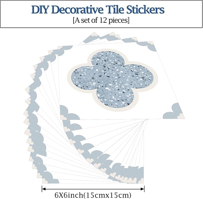Peel & Stick Tile Stickers 12 PCS Self Adhesive Backsplash Decorative Wall Stickers for Kitchen Bathroom Tile Decals Waterproof & Removable 6" x 6" (Blue Flower)