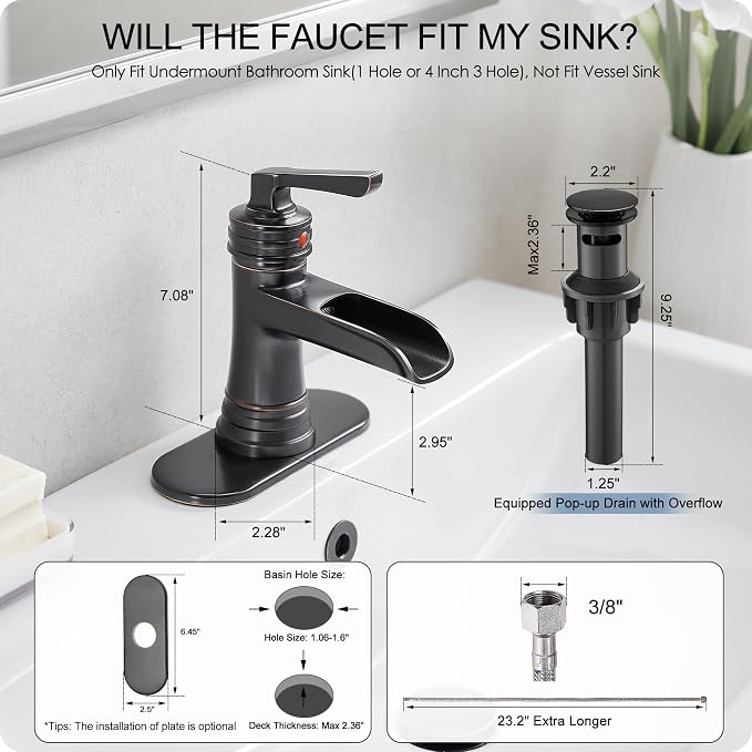 Brass Oil Rubbed Bronze Bathroom Faucet Waterfall Bathroom Sink Faucet 1 Hole or 4 Inch 3 Hole, Single Handle with Deck Plate, Pop-up Drain, cUPC Supply Lines for Vanity, 5 Mins Quick Install