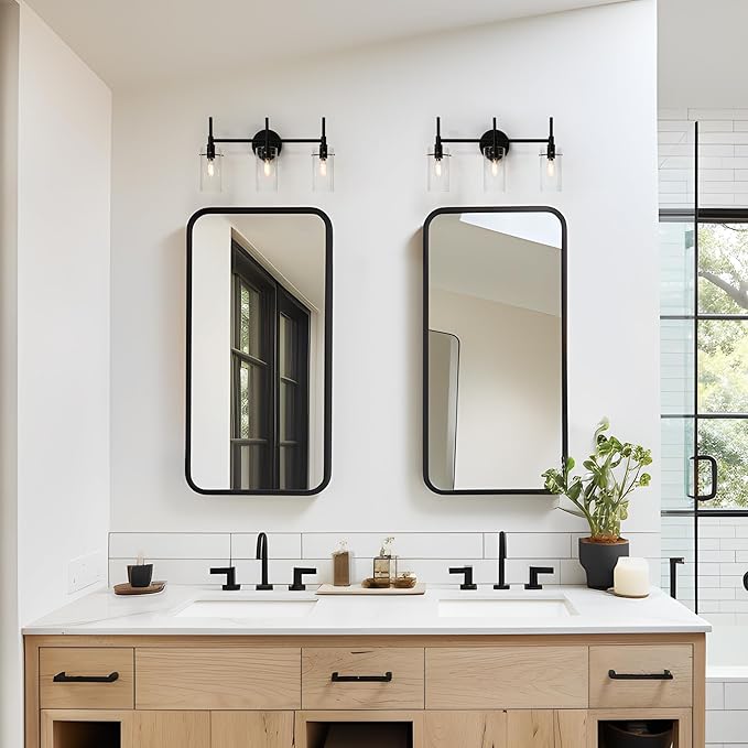 classy leaves 3 Light Bathroom Light Fixtures, Matte Black Bathroom Vanity Light, Modern Farmhouse Bathroom Lights Over Mirror, Black Bathroom Wall Lights with Glass Shades for Bedroom, Living Room
