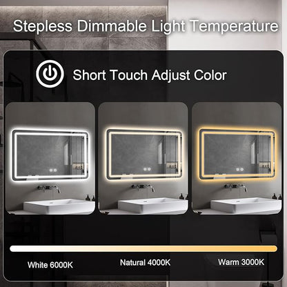 LED Bathroom Mirror, 36 x 24 Inch Anti-Fog Wall Mirror with Lights Stepless Dimmable, Lighted Bathroom Mirrors for Wall, Rectangle Bathroom Vanity Mirror with Front and Backlight, Horizontally Only