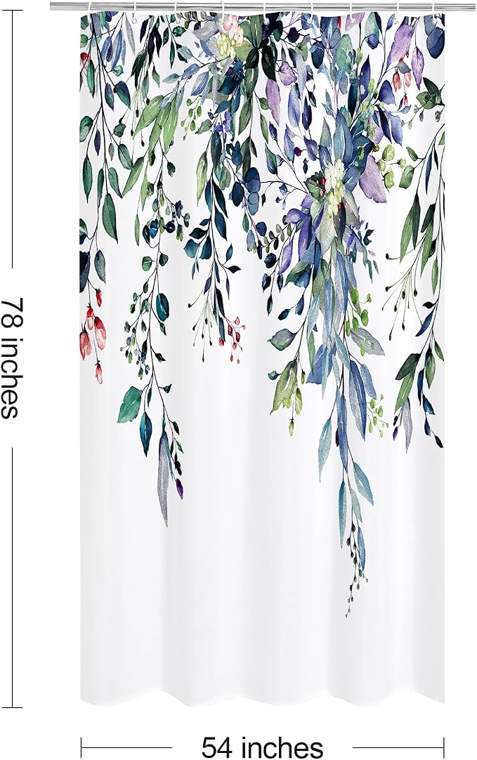 Green Eucalyptus Shower Curtain, Watercolor Floral Print, 54x78 | Watercolor Plant Leaves Floral Print, Stall Waterproof Fabric Bathroom Decor, Machine Washable, Rustproof Grommets