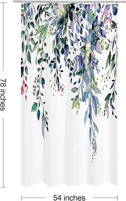 Green Eucalyptus Shower Curtain, Watercolor Floral Print, 54x78 | Watercolor Plant Leaves Floral Print, Stall Waterproof Fabric Bathroom Decor, Machine Washable, Rustproof Grommets