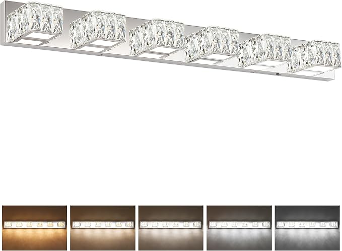 6 Lights Bathroom Vanity Light - LED Bathroom Lights Over Mirror 5CCT Dimmable - Modern Crystal Chrome Vanity Wall Light