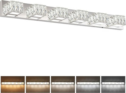 6 Lights Bathroom Vanity Light - LED Bathroom Lights Over Mirror 5CCT Dimmable - Modern Crystal Chrome Vanity Wall Light