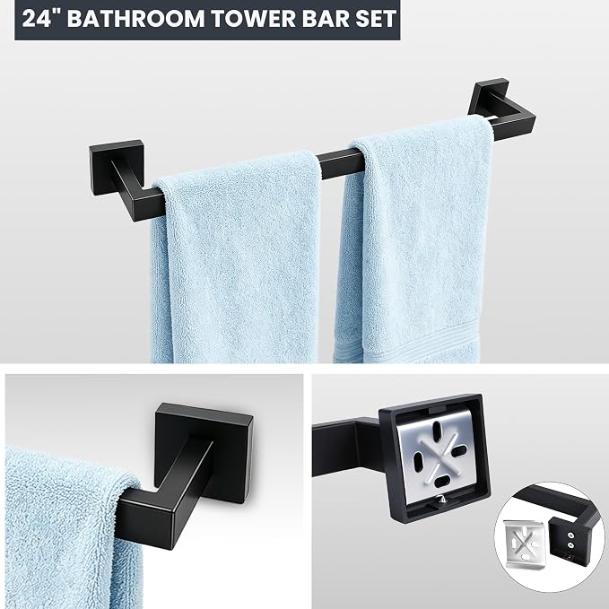 24 Inch Matte Black Bathroom Hardware Set,4 Pack Bathroom Towel Bar Set | 24Inch Square Bathroom Towel Bar, Modern Design, SUS304 Stainless Steel Premium Material, Wide Drying Space Towel Rack