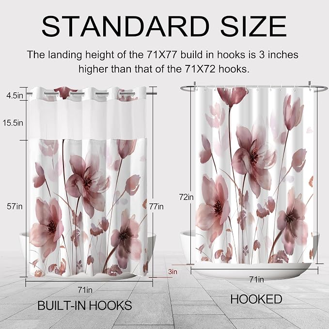 No Hook Shower Curtain and Liner Set, Red Boho Floral 71x77 | Watercolor Boho Flower, with Snap in Liner, Mesh Top Window, Waterproof, Machine Washable, Quick-Drying, for Hotel Bathroom